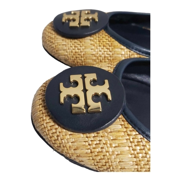 Tory Burch Reva Black & Raffia Straw Woven Flats Size 8.M - Picture 3 of 10